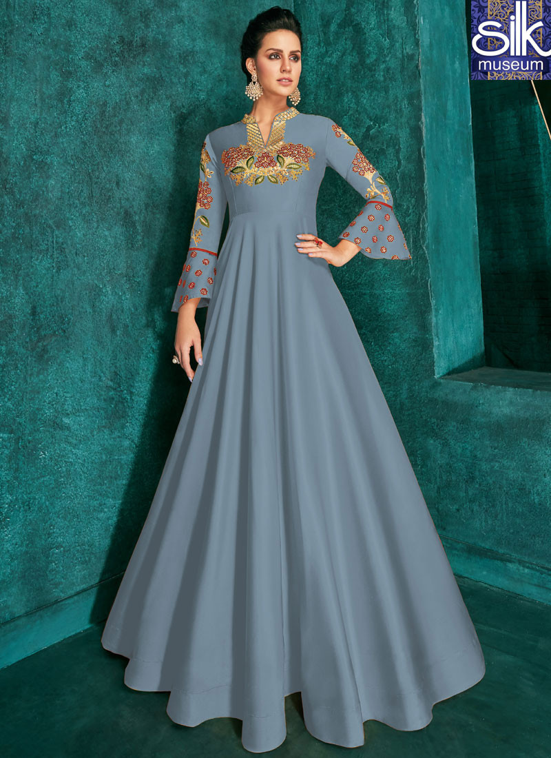 Designer Steel Blue Color Art Silk Fabric Readymade Gown
