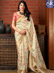 Speechless Cream Color Banarasi Silk Designer Traditional Wear Saree