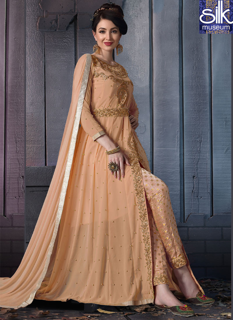 14025 Stunning Beige Color Georgette Designer Party Wear Pant Style Suit