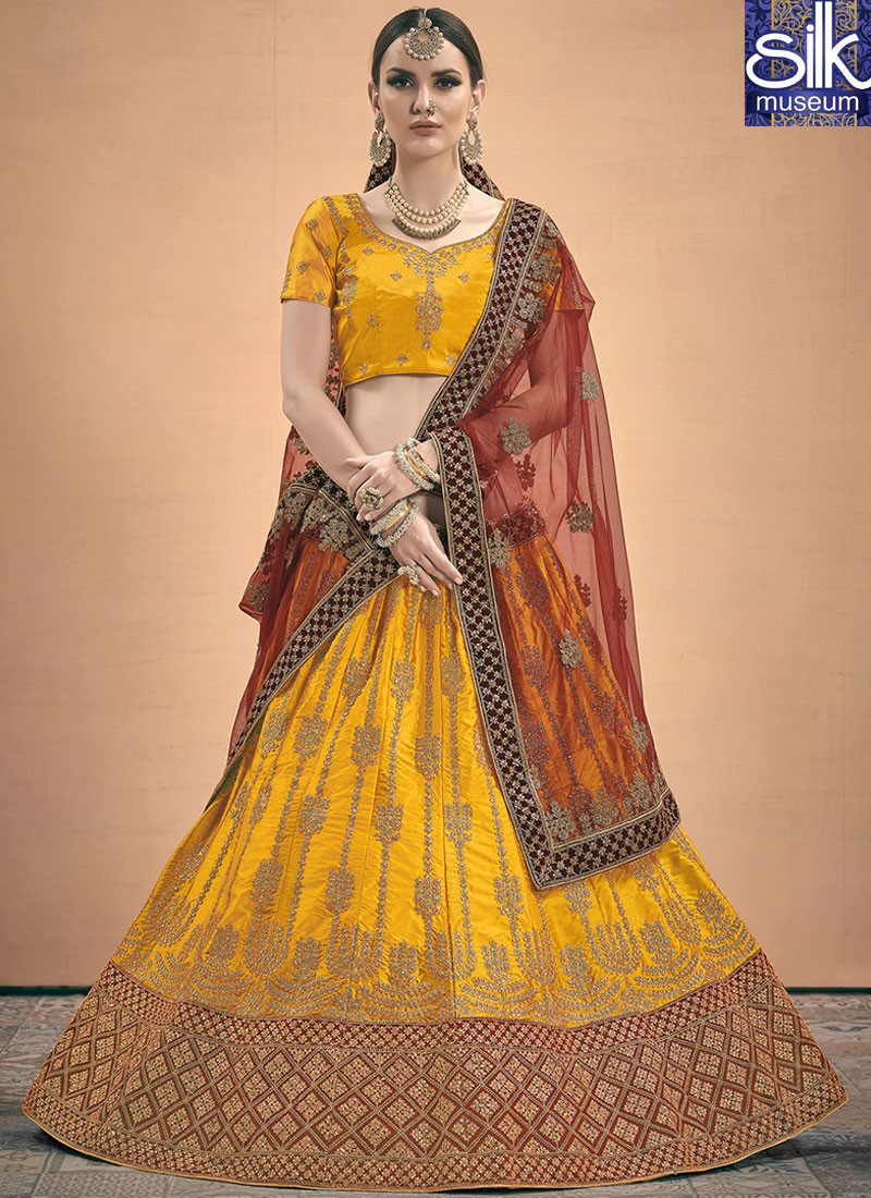 14029 Divine Mustard Color Satin Fabric Designer Wedding Wear Traditional Lehenga