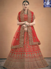 Sparkling Red Color Satin Fabric New Designer Bridal Wear Lehenga Choli