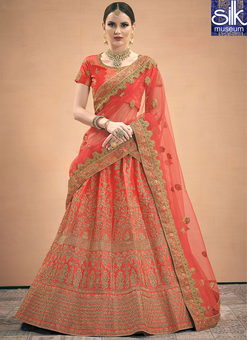 Awesome Red Color Satin Fabric Designer Wedding Wear A Line Lehenga Choli