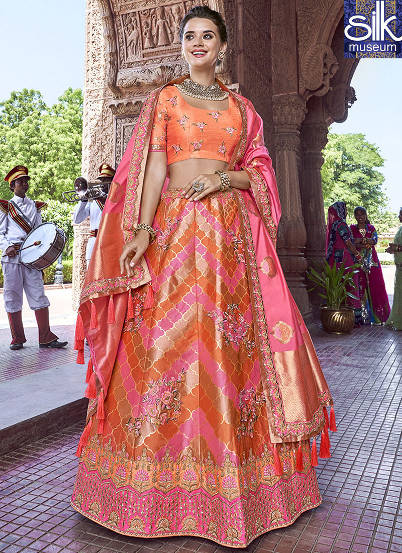 14051 Wondrous Orange And Pink Color Banarasi Silk Designer Wedding Wear Traditional Lehenga