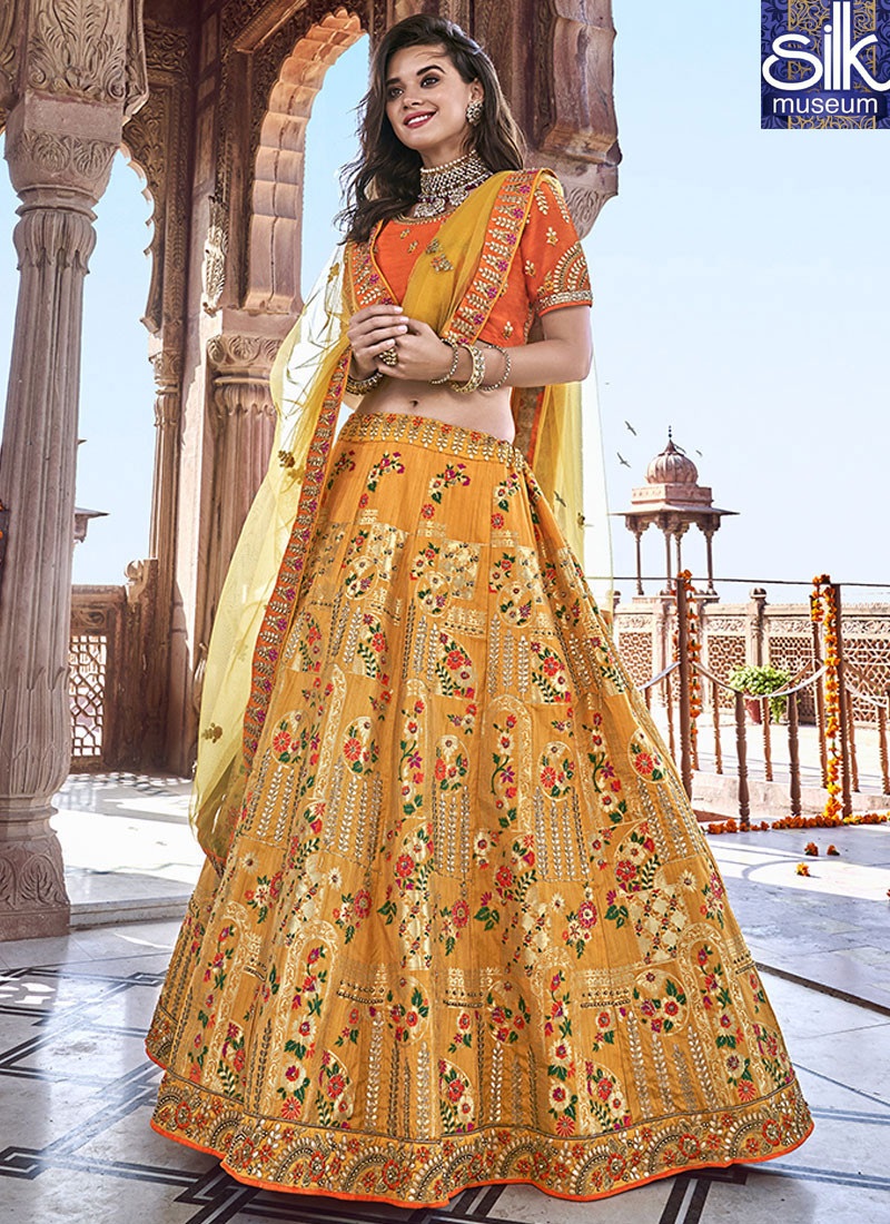 14054 Delightful Mustard Color Banarasi Silk Designer Traditional Lehenga Choli