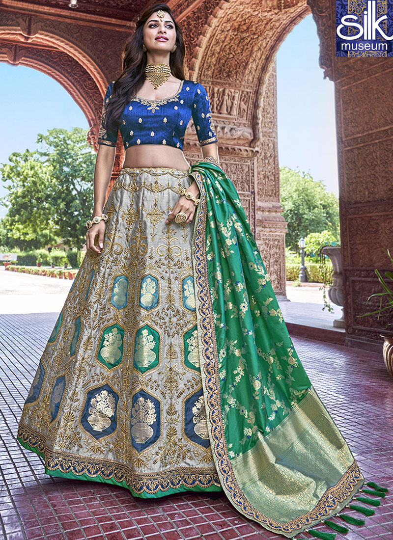 14059 Beautiful Grey Color Banarasi Silk Wedding Wear Designer Lehenga Choli