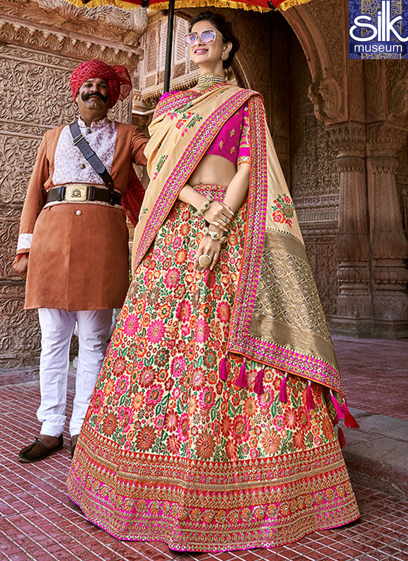 14065 Stunning Pink Color Banarasi Silk Designer Wedding Wear Lehenga Choli