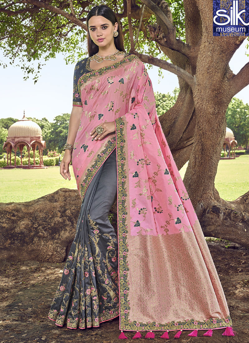 14069 Magnetic Pink And Grey Color Banarasi Silk Designer Traditional Wedding Wear Saree