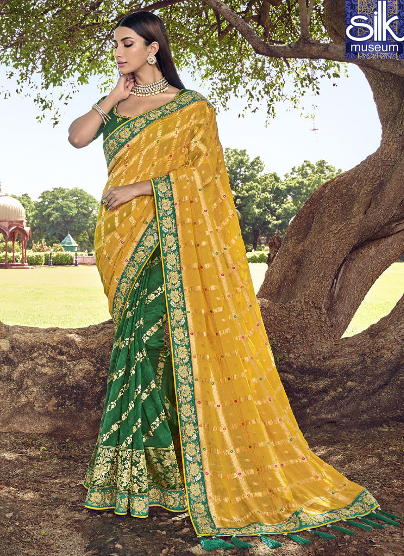 14071 Adorable Green And Mustard Color Banarasi Silk Traditional Party Wear Saree