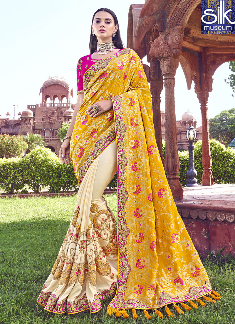 14074 Eye Catchy Cream With Mustard Color Banarasi Silk Traditional Half N Half Saree