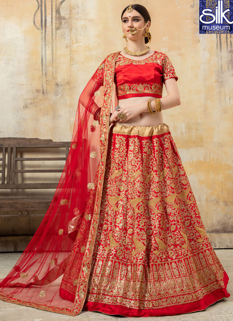14109 Awesome Red Color Fancy Satin Fabric Designer Wedding Wear Lehenga Choli