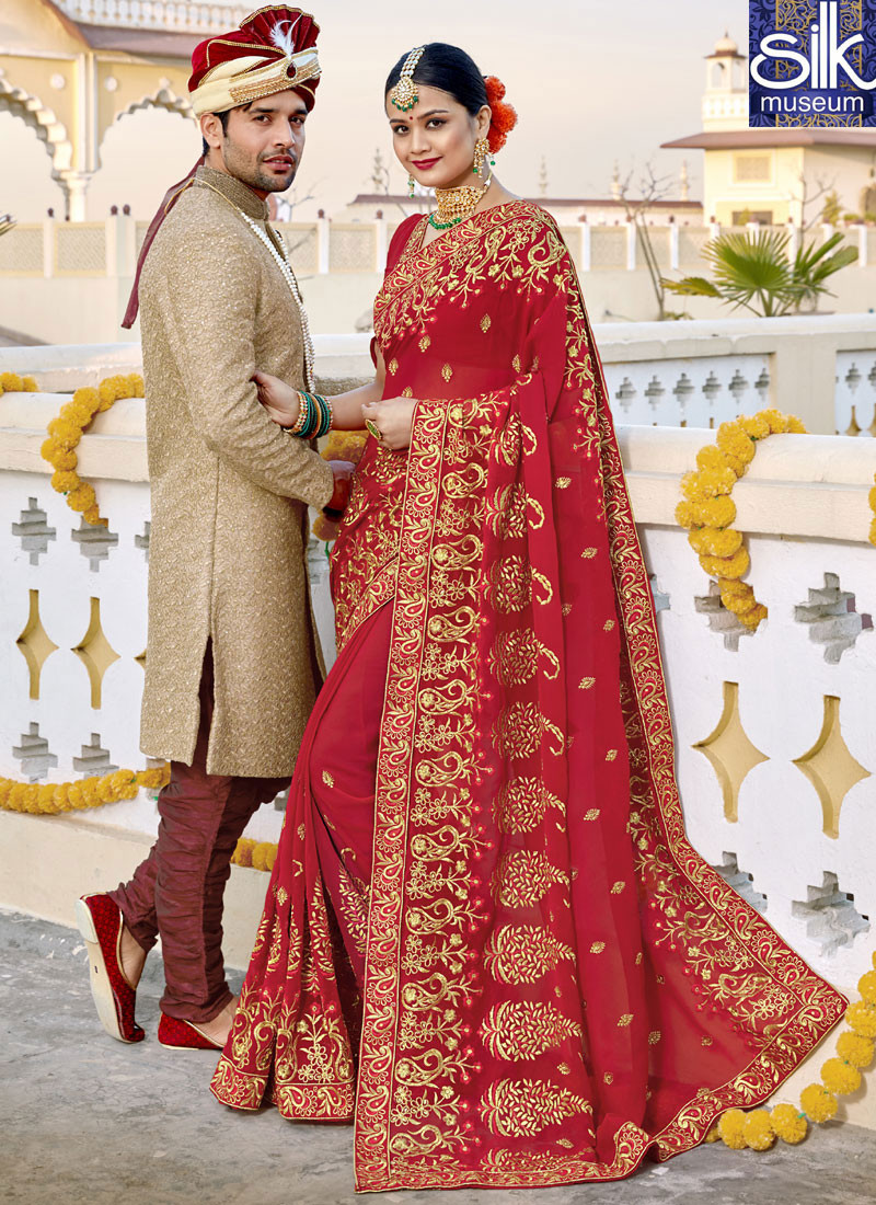 14155 Sparkling Red Color Georgette New Designer Wedding Wear Saree