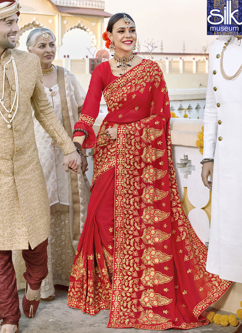 14156 Awesome Red Color Georgette New Designer Wedding Wear Traditional Saree