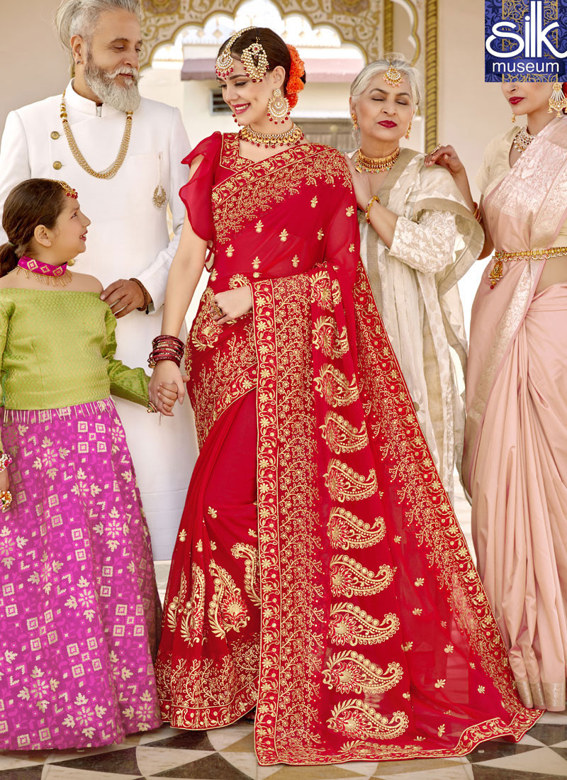 14158 Eye Catchy Red Color Georgette New Designer Wedding Wear Saree