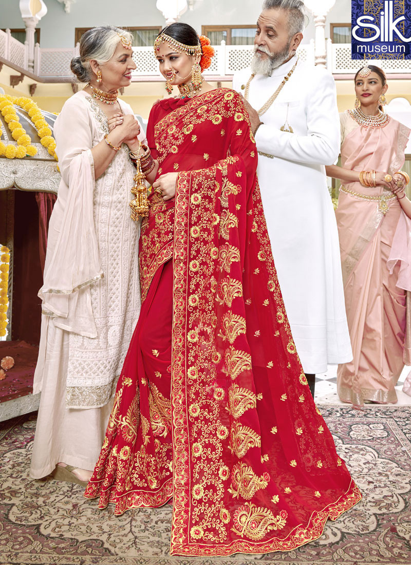 14159 Majestic Red Color Georgette New Designer Wedding Wear Saree