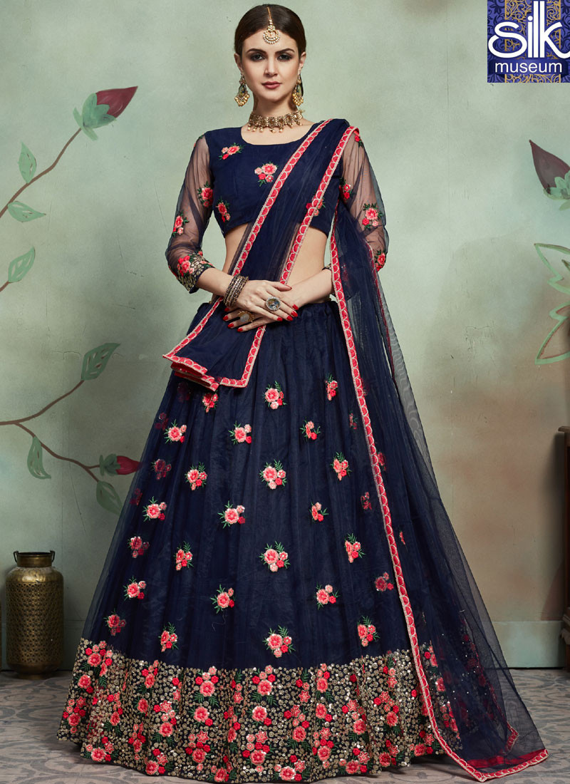 14163 Eye Catchy Blue Color Soft Net Designer Wedding Wear Lehenga Choli