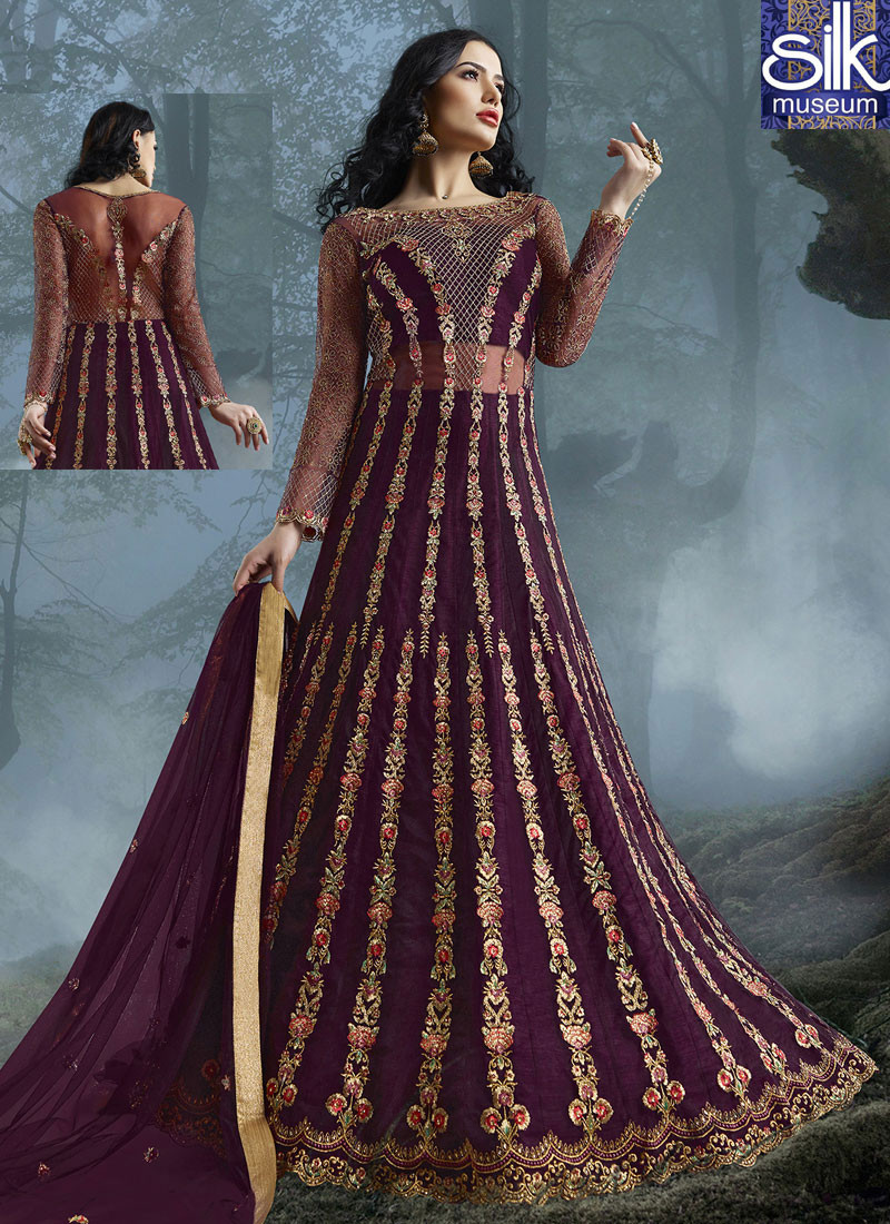 14216 Adorable Wine Color Soft Net Designer Wedding Wear Anarkali Suit
