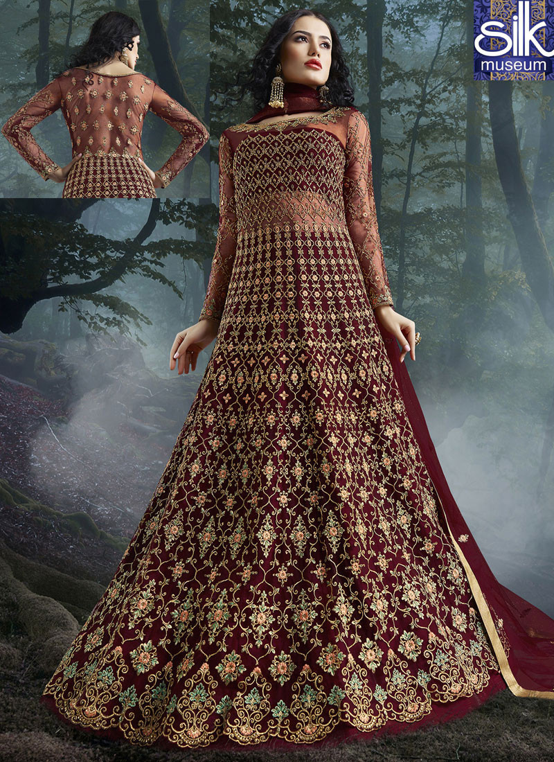 14218 Outstanding Maroon Color Soft Fabric New Designer Wedding Wear Anarkali Suit