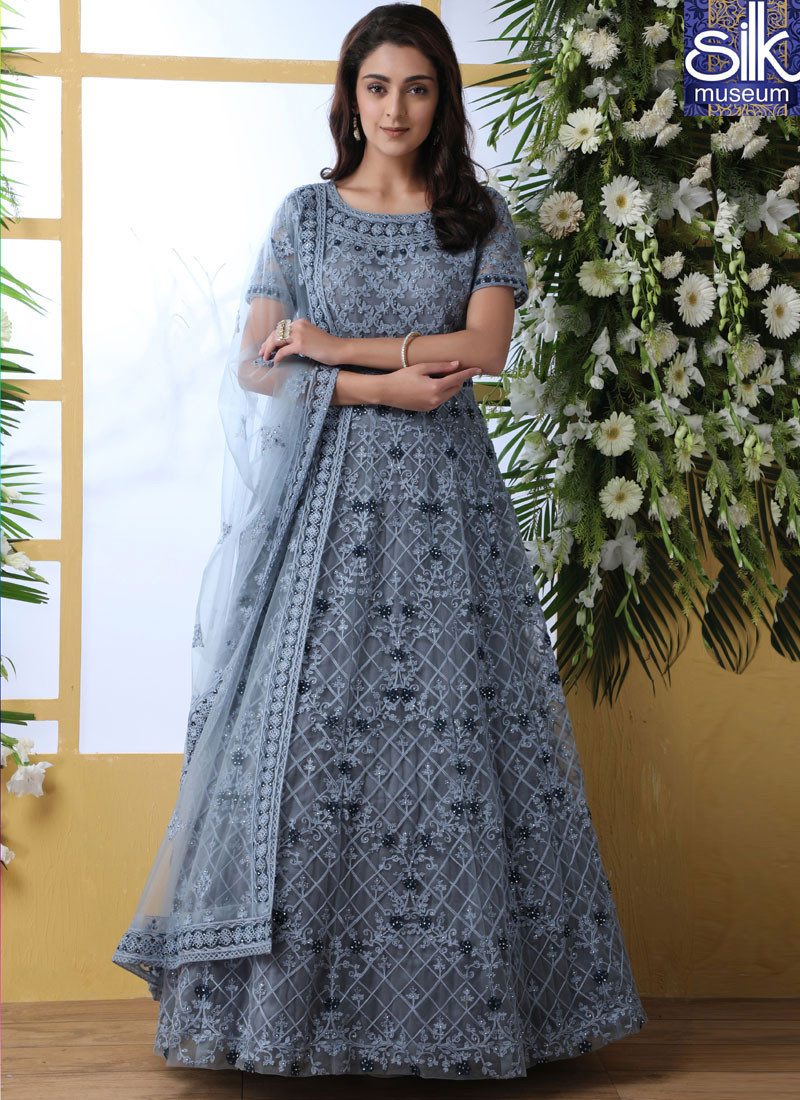 14220 Alluring Grey Color Net Designer Party Wear Anarkali Gown