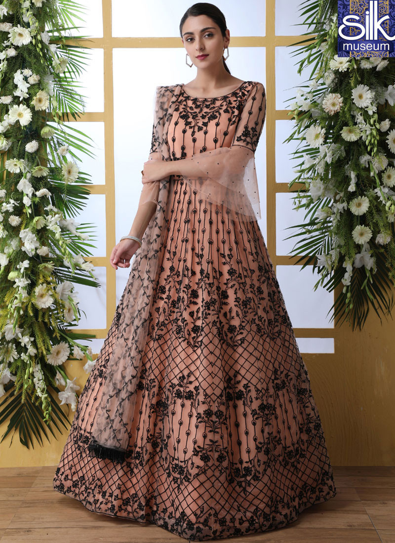 14224 Splendorous Peach Color Net Designer Party Wear Thread Work Anarkali Gown
