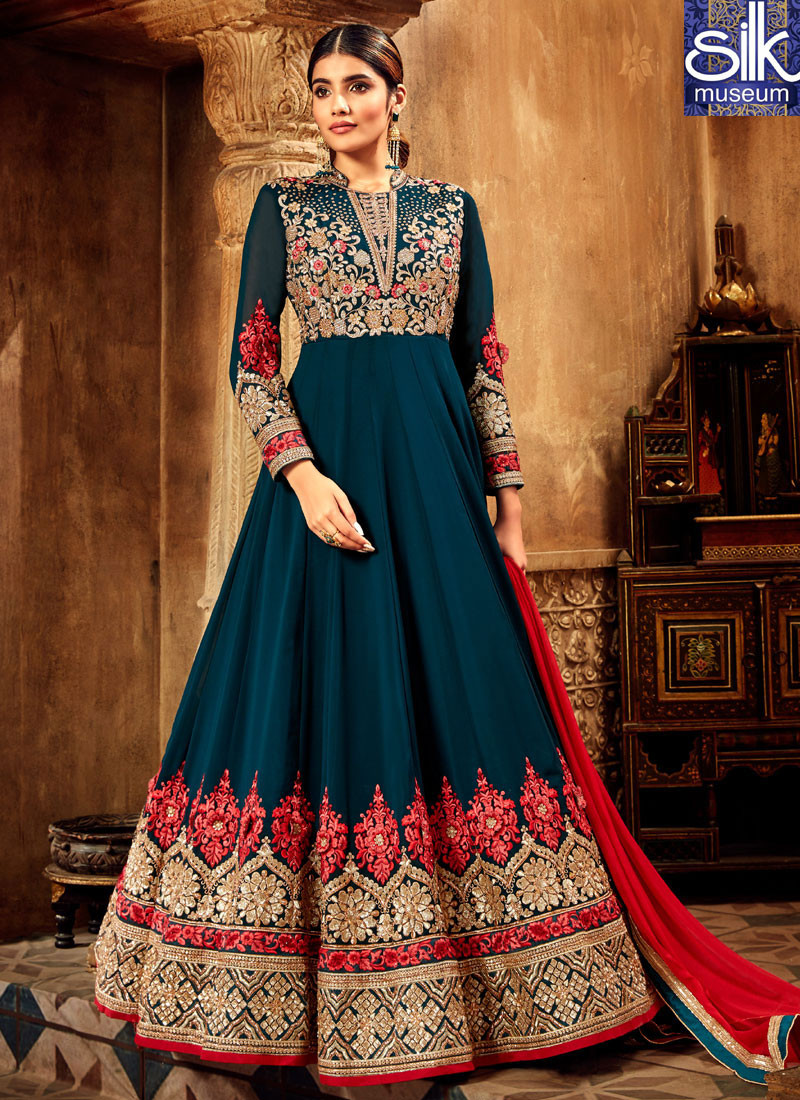 Magnetic Teal Color Georgette Fabric New Designer Floor Length Anarkali Suit