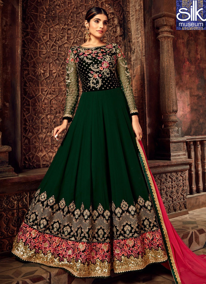14233 Majestic Green Color Georgette With Velvet New Designer Wedding Wear Anarkali Suit