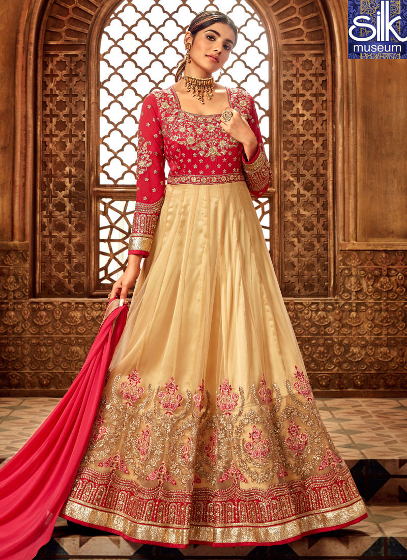 14234 Divine Cream Color Soft Net With Art Silk Designer Party Wear Anarkali Suit