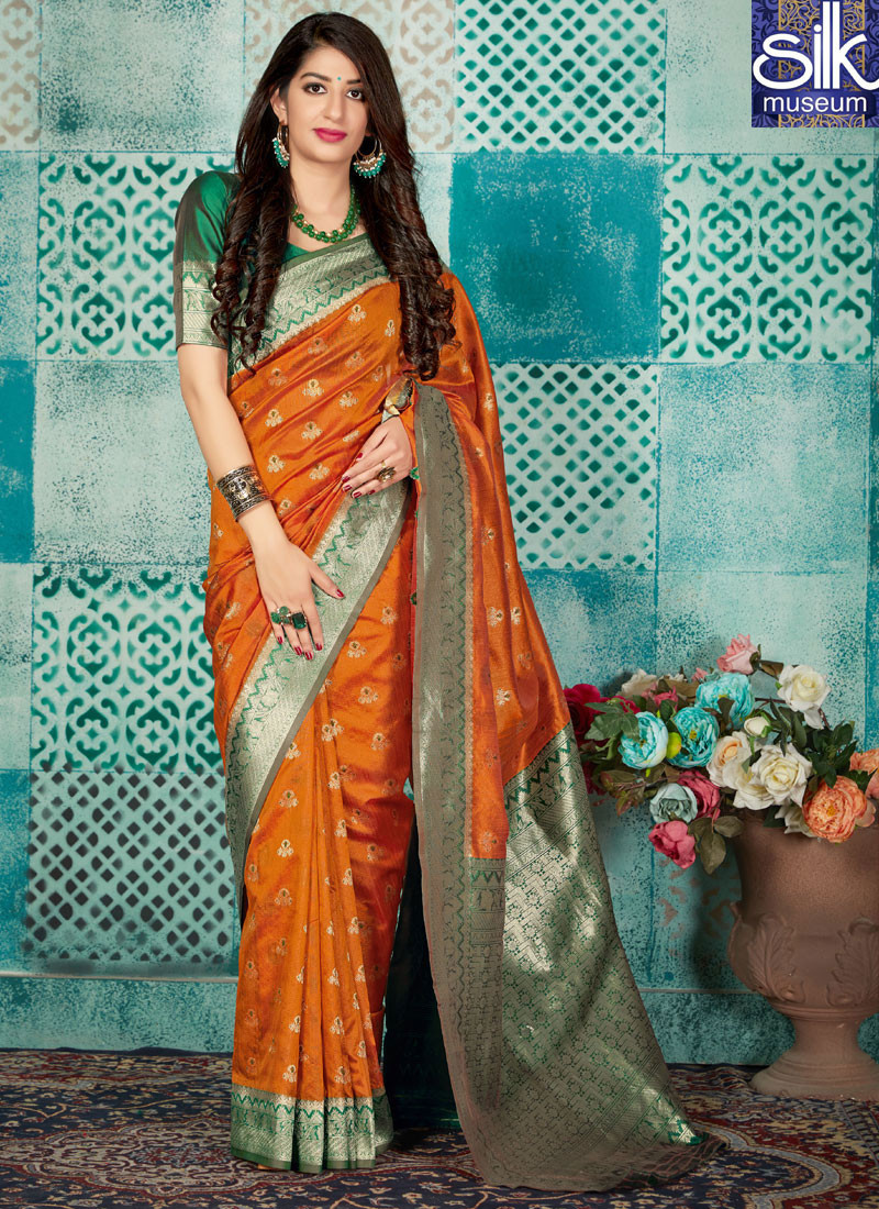 14240 Orange Color Banarasi Silk Fabric New Traditional Party Wear Saree