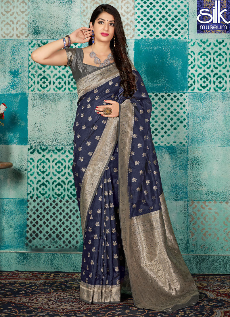 Navy Blue Color Banarasi Silk New Designer Party Wear Traditional Saree