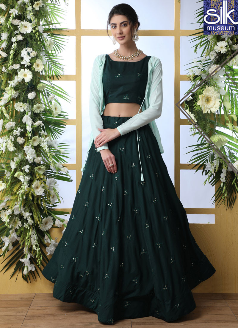 14248 Eye Catchy Green Color Muslin Fabric With Georgette Jacket Pattern Lehenga Choli