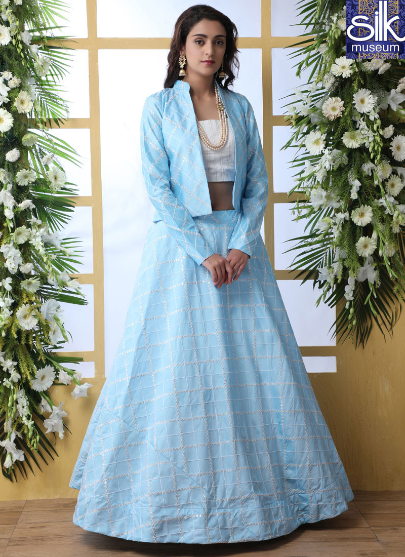 Outstanding Sky Blue Color Art Silk New Stylish Jacket Pattern Lehenga Choli