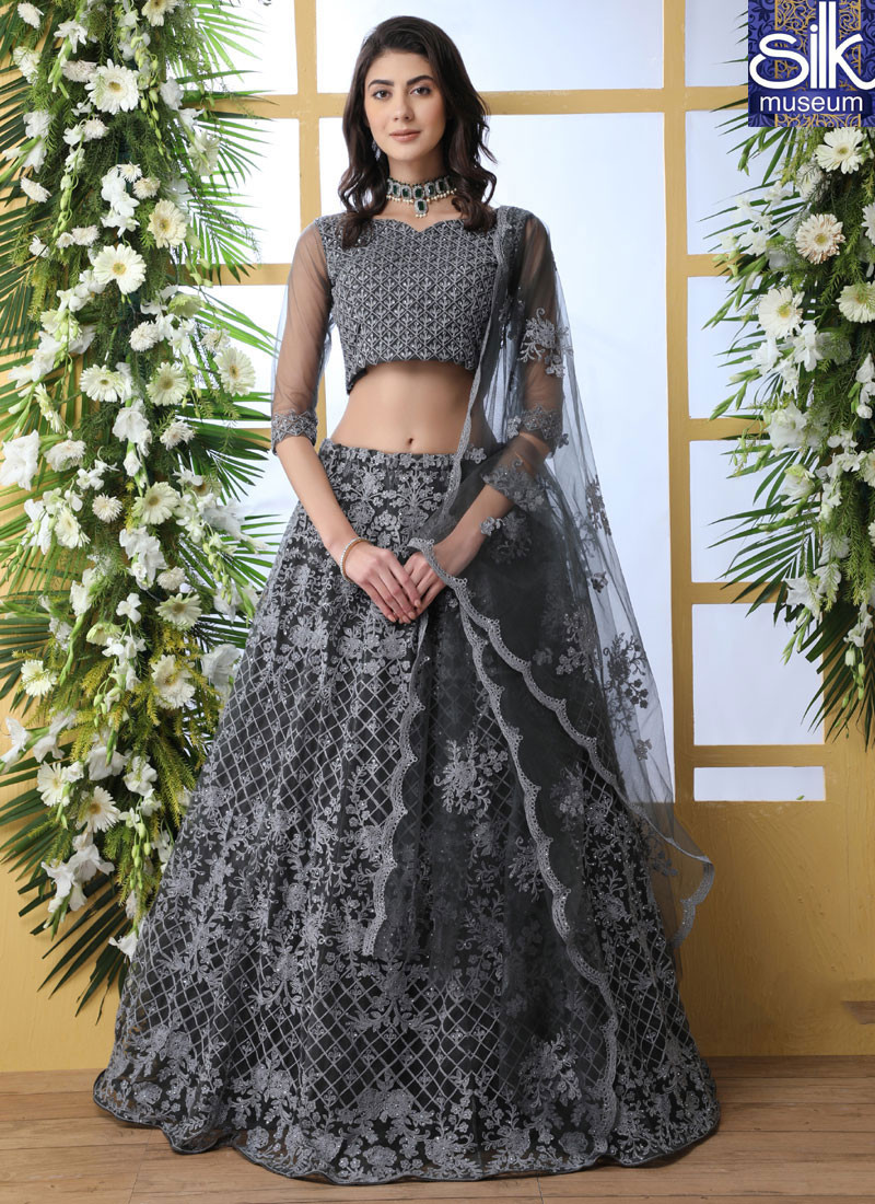 14260 Wonderful Grey Color Soft Net New Designer Party Wear Lehenga Choli