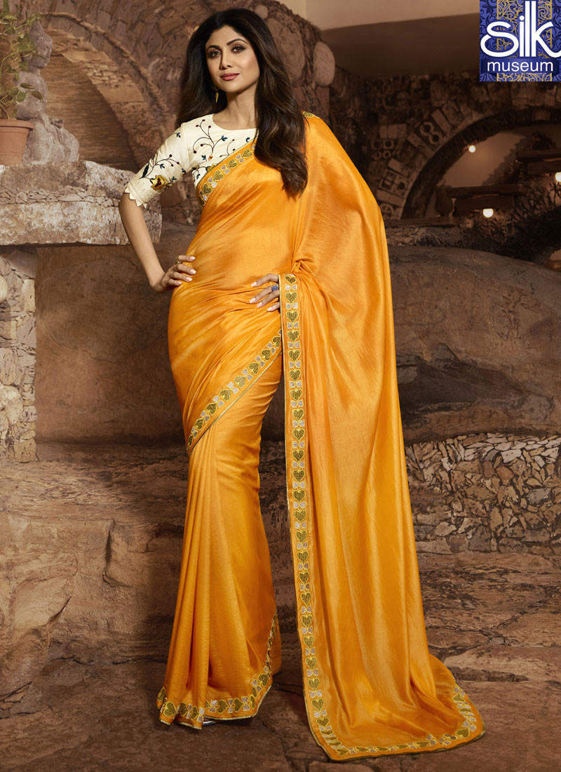 14276 Superb Mustard Color Satin Silk New Designer Party Wear Saree