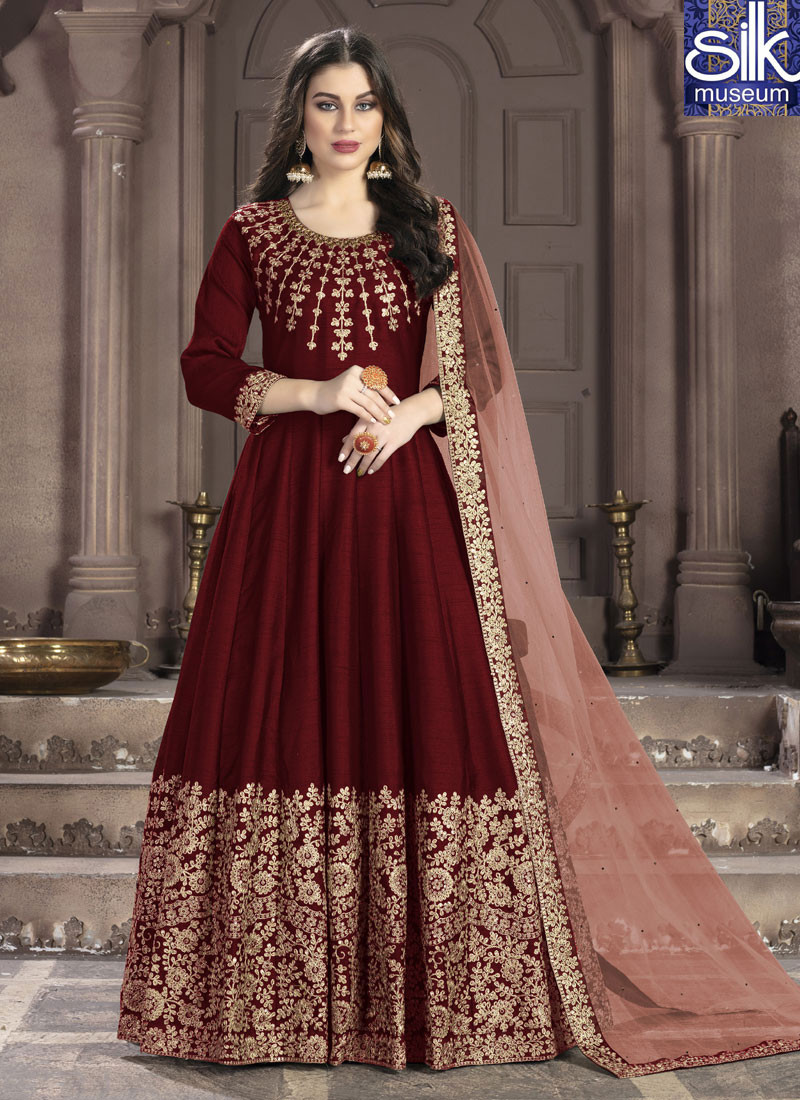 14277 Awesome Maroon Color Art Silk New Designer Wedding Party Wear Anarkali Suit