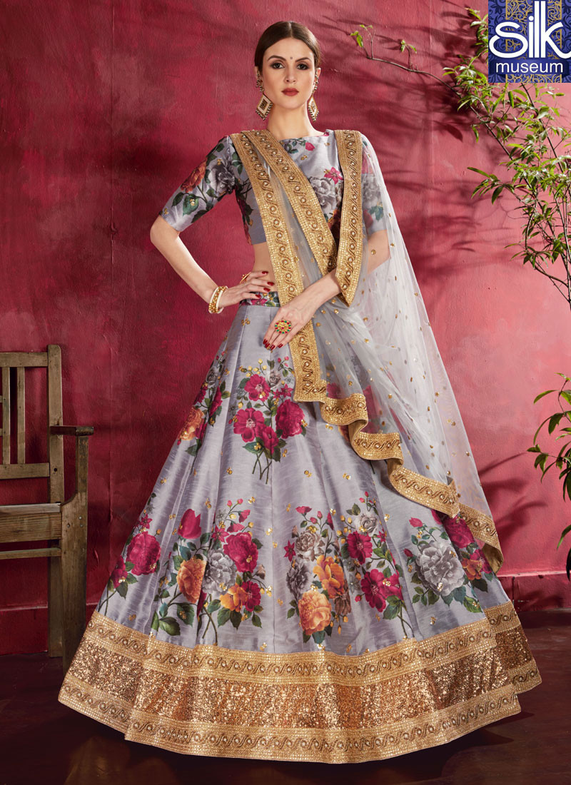 Lovely Grey Color Banglori Silk New Designer Party Wear Lehenga Choli