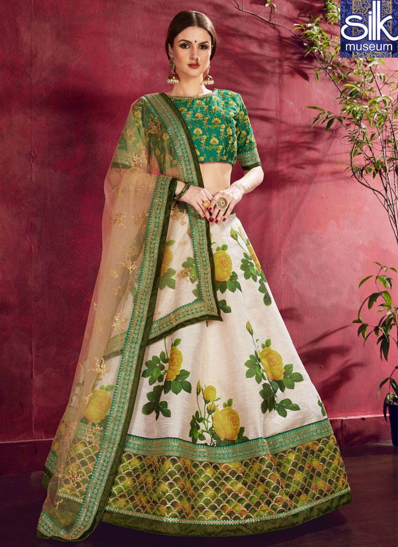 Eye Catchy Off White And Green Color Banglori Silk New Designer Party Wear Lehenga Choli