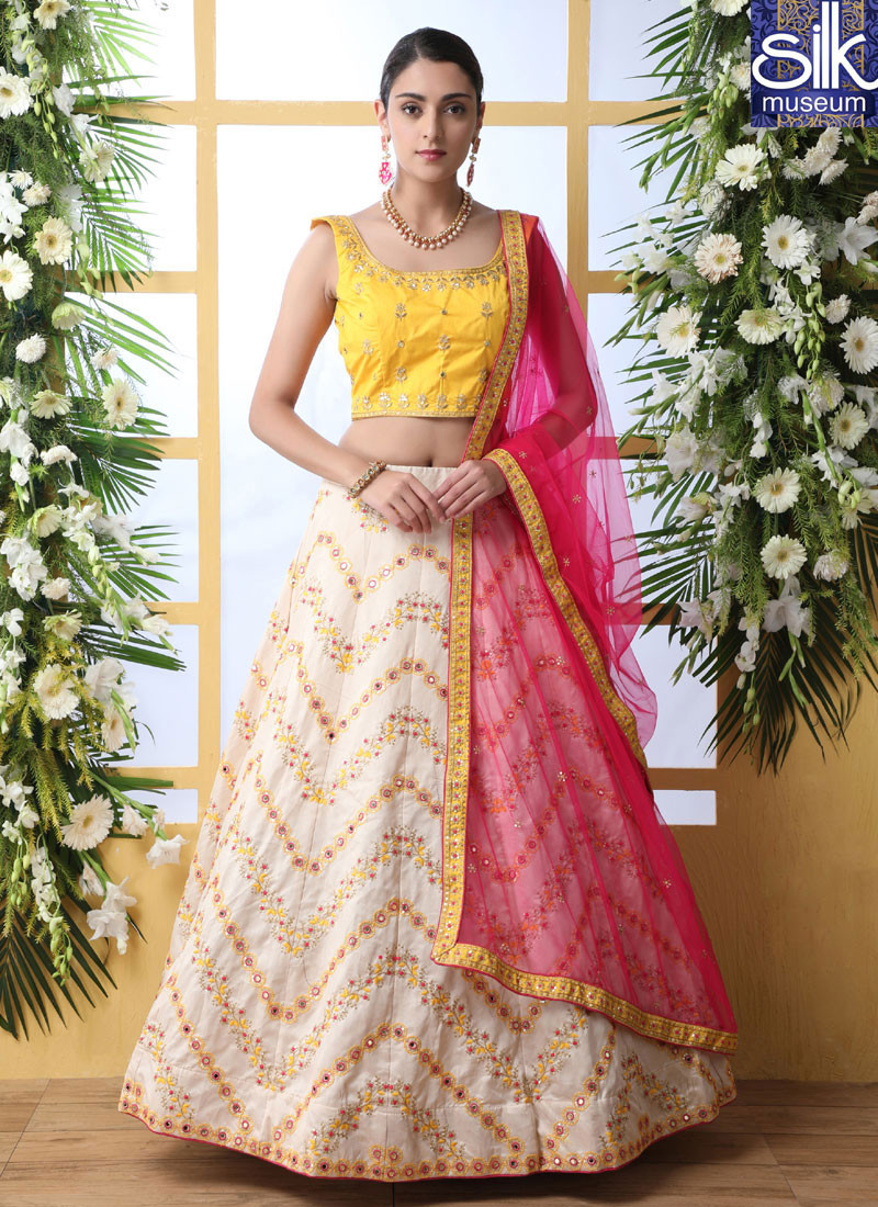 14293 Outstanding Cream With Yellow Color Art Silk New Designer Party Wear Lehenga Choli