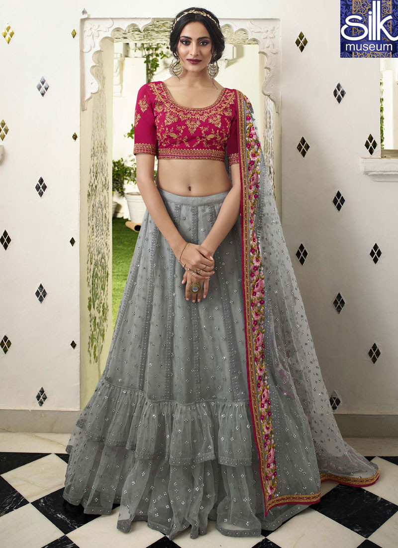 14311 Wonderful Grey Color Soft Net New Designer Wedding Party Wear Lehenga Choli