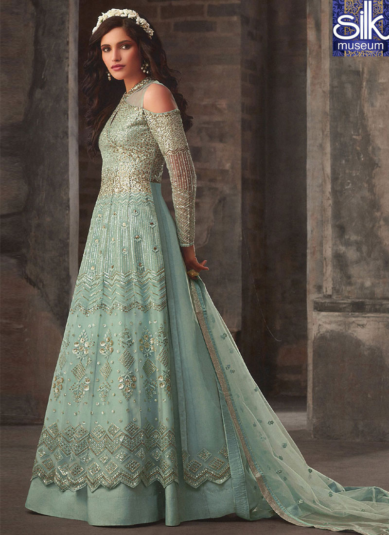 14314 Beautiful New Designer Aqua Blue Color Net With Art Silk Indo Western Lehenga Choli
