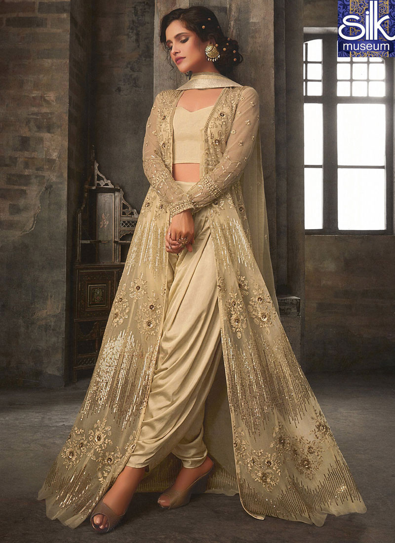 Divine New Beige Color Net Designer party Wear Stylish Long Suit