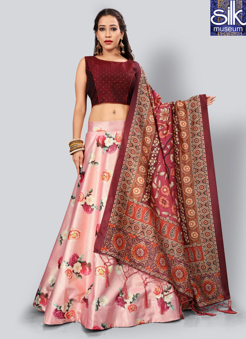 14335 Attractive Light Pink Color Satin Silk Digital Print Party Wear Lehenga Choli