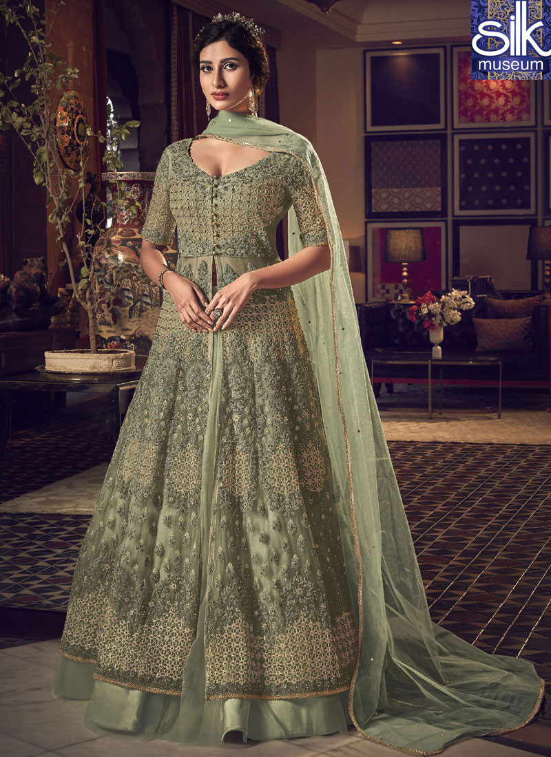 14337 Splendorous Green Color Net Fabric New Designer Party Wear Indo-Western Lehenga Suit