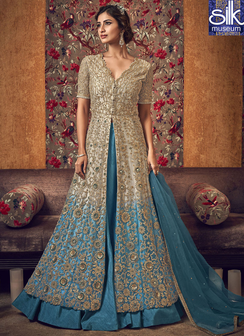 14340 Eye Catchy Cream With Turquoise Color Net Designer Party Wear Lehenga Suit