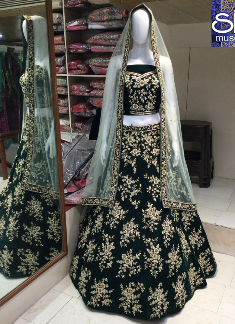 14343 Hand Work Lehenga Choli In Bottle Green Color