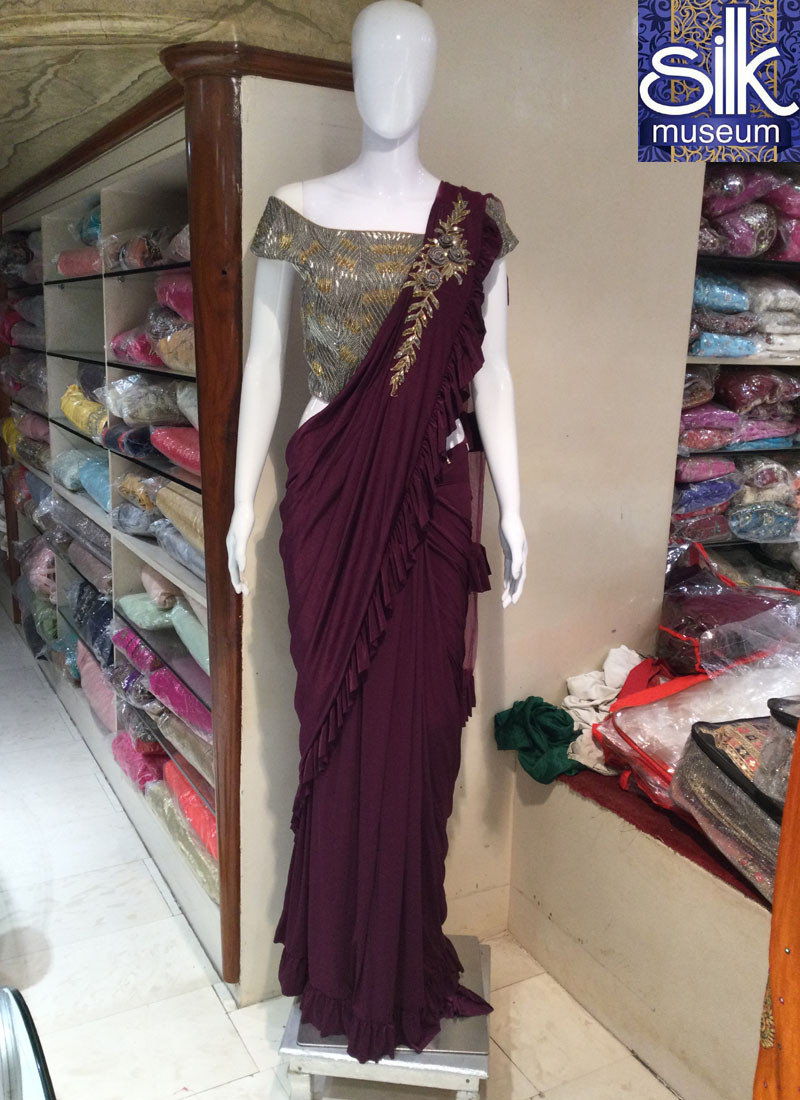 14345 Ready To Wear Saree In Wine Color Antique Hand Work