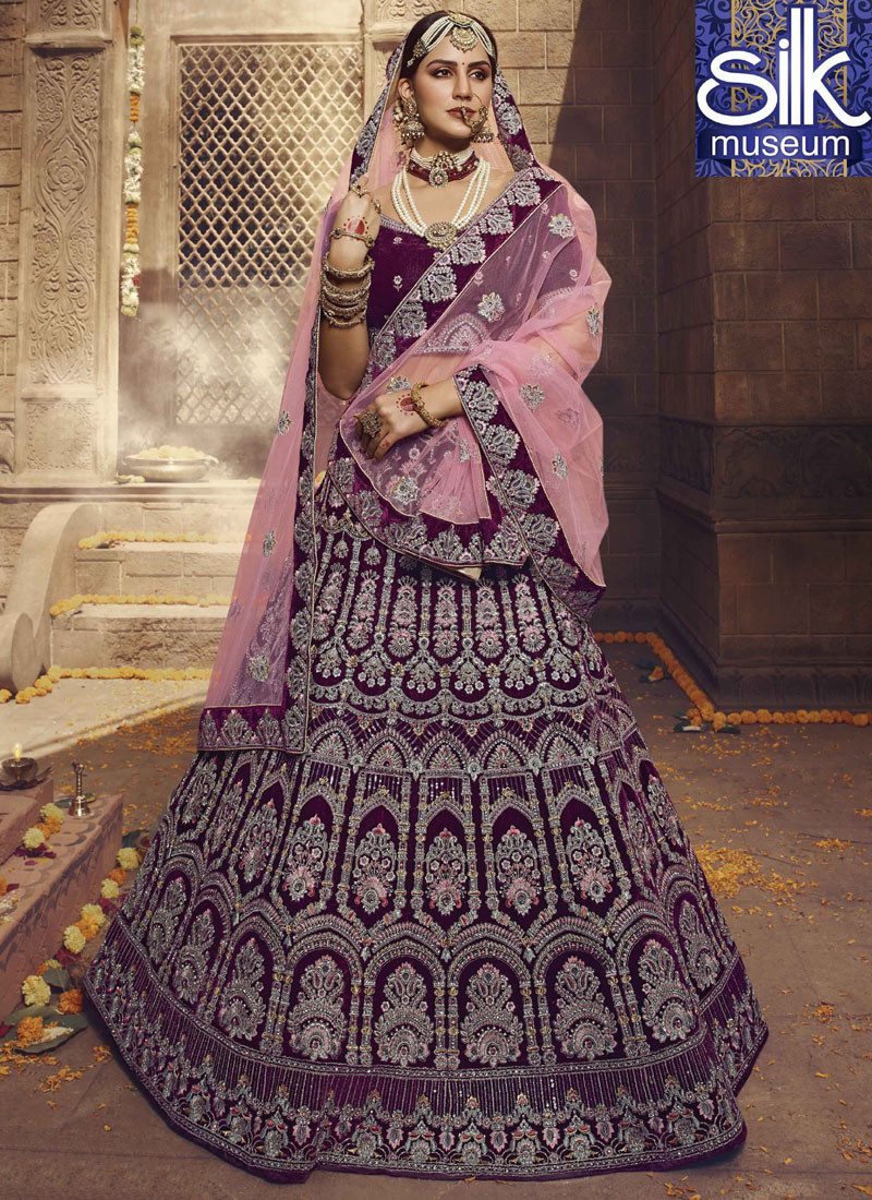 Wine Color Multi Thread Work Velvet Lehenga Choli