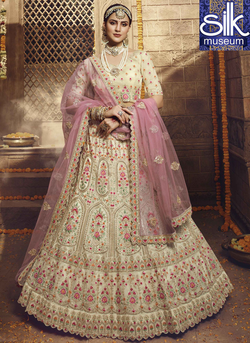 14361 Cream Color Organza With Multi Thread Designer Lehenga Choli