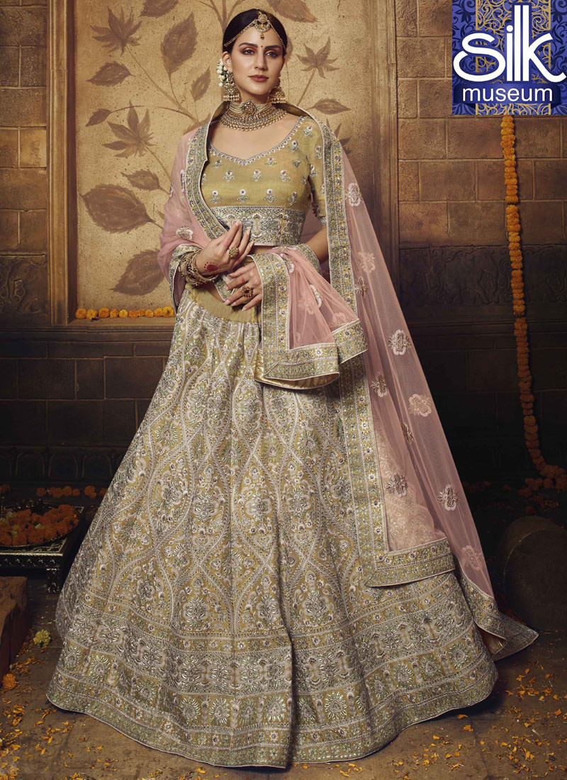 14364 Embroidery Net Gold Color Lehenga Choli