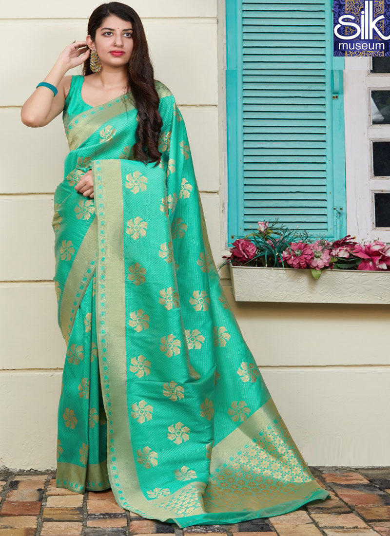 14373 Sea Green Color Trendy Silk Weaving Saree