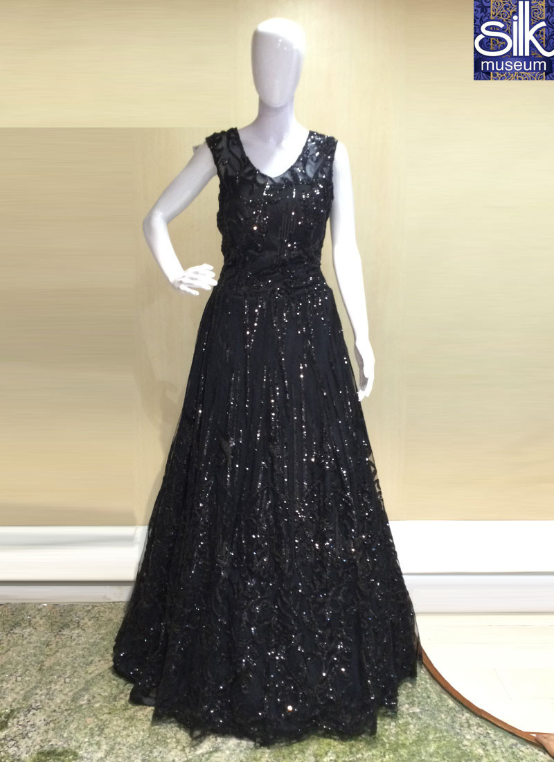 Stunning Black Color Net Designer Sequence Work Readymade Gown