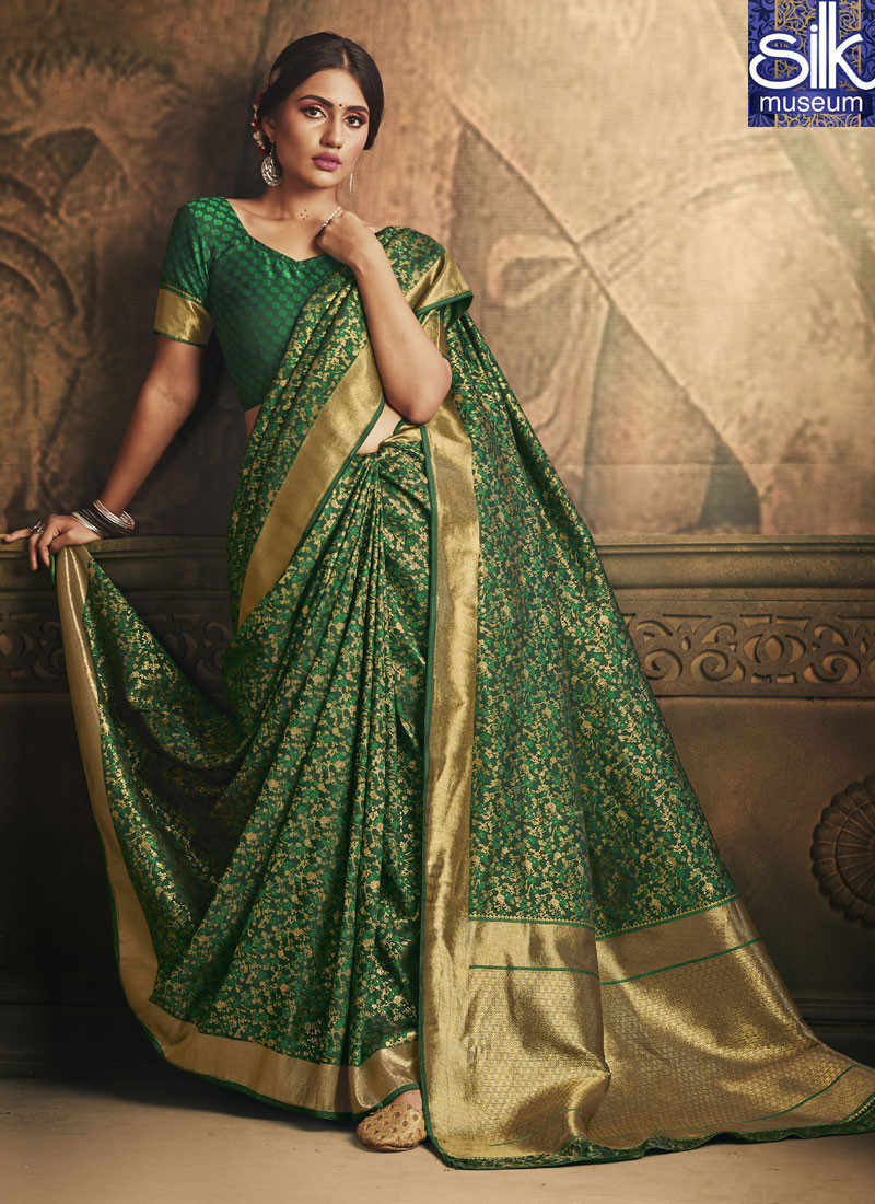 14400 Beautiful Green Color Silk Designer Party Wear Traditional Saree